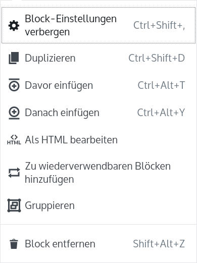 Mehr Optionen in der Block Toolbar