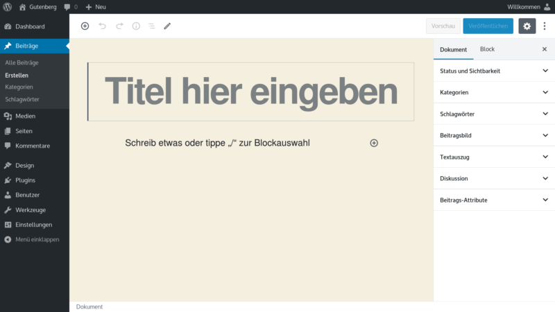 Gutenberg Ansicht im WordPress Backend