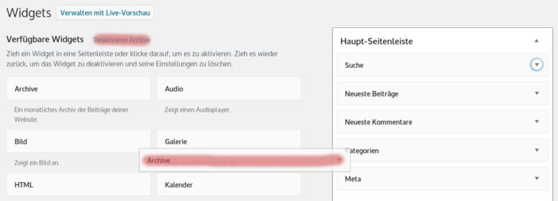 Widgets aus Sidebar löschen